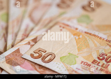 Turkish currency - close-up of 50 lira bill banknotes Stock Photo