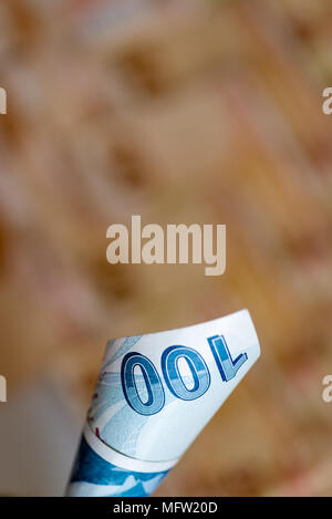 Turkish currency - close-up of a funnel made of 100 lira bill with copy space on top Stock Photo