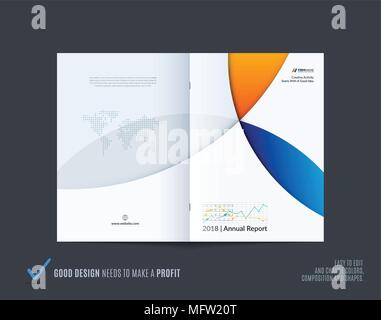 Abstract brochure in material design style, modern catalog, centerfold cover, flyer in A4 with blue orange colourful circles intersections for brandin Stock Vector