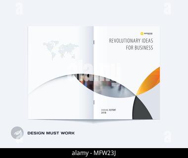 Abstract brochure in material design style, modern catalog, centerfold cover, flyer in A4 with yellow grey colourful circles intersections for brandin Stock Vector