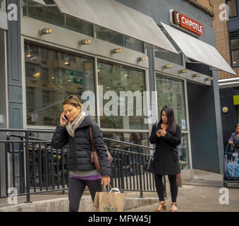A Chipotle Mexican Grill restaurant in New York on Tuesday, April 24, 2018. Chipotle Mexican Grill will report fist-quarter earnings on April 25 after the close of the market. (© Richard B. Levine) Stock Photo