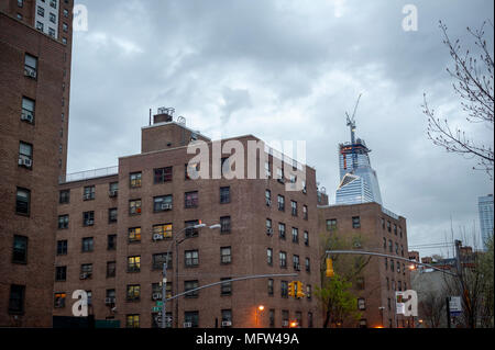 The massive Hudson Yards development looms over the NYCHA Fulton Houses complex of apartments in Chelsea in New York on Tuesday, April 24, 2018.  (© Richard B. Levine) Stock Photo