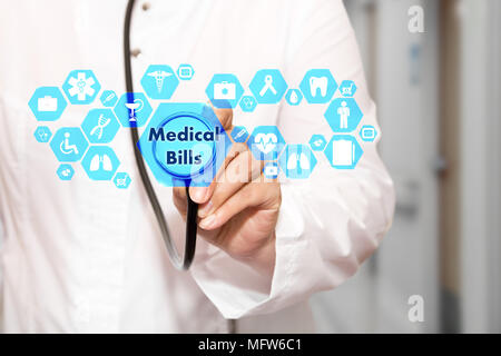 Medical Bills on the touch screen with icons on the medicine background blur Doctor in hospital.Innovation treatment, service, health data analysis. M Stock Photo