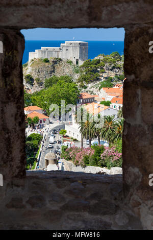 View of old-town Dubrovnik through a gun emplacement, Dubrovnik, Croatia Stock Photo
