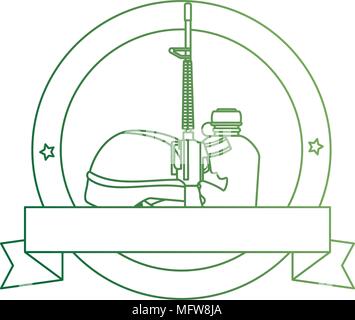 rifle war with helmet and canteen emblem Stock Vector