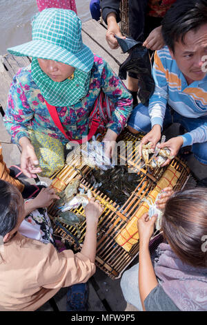 Cham women crab fishers taking crabs out of a traditional Cambodian bamboo crab trap at Kep market in Kampot province Stock Photo