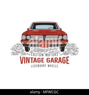 Vintage hand drawn muscle car. Retro red american auto symbol design. USA Classic automobile emblem isolated on white background. Stock vector Stock Vector