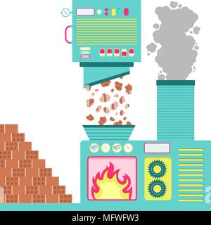 Machinery with an oven incinerating pieces of clays. Pile of bricks on the side. Smoke from the burning coming out of the chimney. Stock Vector
