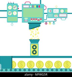Machinery processing gold nuggets and turning into coins. Stock Vector