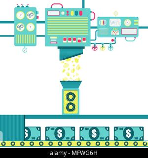 Machinery processing gold nuggets and turning into banknote. Stock Vector