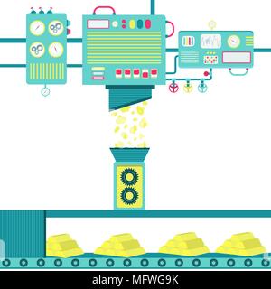 Machinery processing gold nuggets and turning into gold bars. Stock Vector