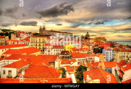 View of the historic center of Lisbon in the evening - Portugal Stock Photo