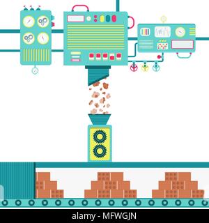 Machinery processing crude clay and manufacturing bricks. Stock Vector