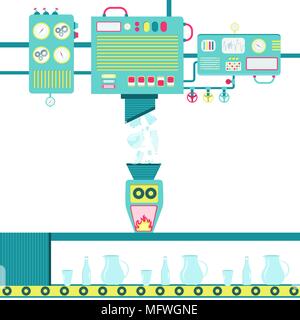 Machinery processing broken glass and turning into new glassware. Stock Vector