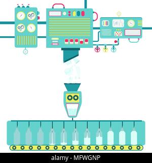 Machinery processing broken glass and turning into bottled liquid. Stock Vector