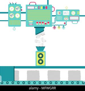 Machinery processing paper and turning into stack of recycled papers. Stock Vector