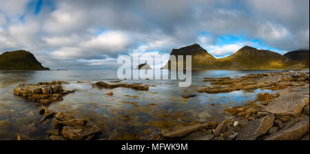 Panorama of Haukland beach on Lofoten islands in Norway Stock Photo