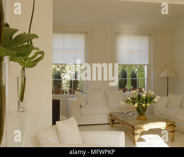 Upholstered sofa in front of double windows with partly closed roller blinds Stock Photo