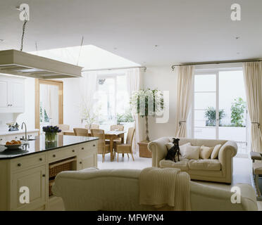 Light and airy open plan kitchen and dining room with extractor fan above island unit next to beige sofa and dog Stock Photo