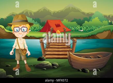 A Boy Scout Camping in Forest illustration Stock Vector