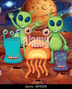 Alien with Friends on Mars illustration Stock Vector