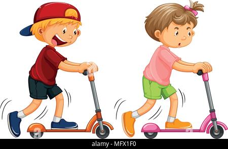 Boys Playing Kick Scooter on White Background illustration Stock Vector