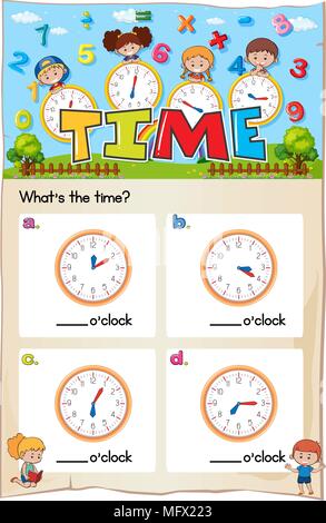 Mathematics Worksheet Time Chapter with Picture illustration Stock Vector