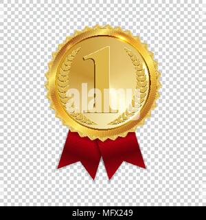 Champion Art Golden Medal with Red Ribbon l Icon Sign First Place Isolated on Transparent Background. Vector Illustration Stock Vector