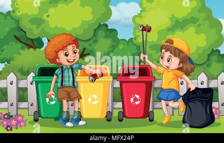 Boy and girl picking up trash illustration Stock Vector Image & Art - Alamy