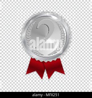 Champion Art Silver Medal with Red Ribbon Icon Sign Second Place Isolated on Transparent Background. Vector Illustration Stock Vector