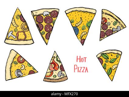 Italian Pizza hand drawn vector illustration. Pizza slices in a circle. Design template. Stock Vector