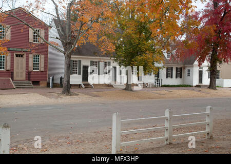 Restored early American buildings on deserted Duke of Gloucester Street in Colonial Williamsburg, Virginia Stock Photo