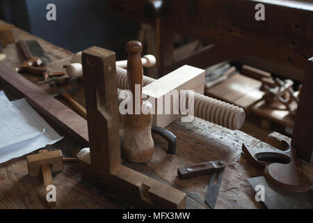 still life of authentic cabinet makers hand tools in his workshop in colonial Williamsburg Virginia Stock Photo