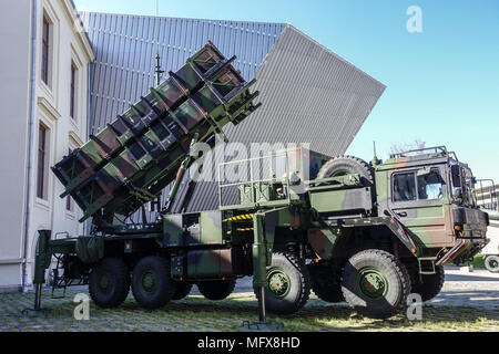 Dresden Military History Museum Outdoor exposition of Bundeswehr weapons, Dresden, Saxony, Germany Patriot anti-aircraft rocket missile defence system Stock Photo