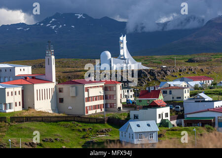 View of Stykkishólmur and modern church, Snæfellsnes peninsula, Iceland Stock Photo