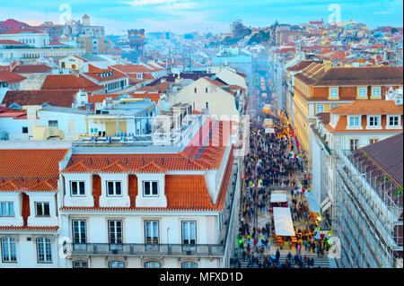Aerial view of Augusta street and the Old Town of Lisbon at twilight. Portugal Stock Photo