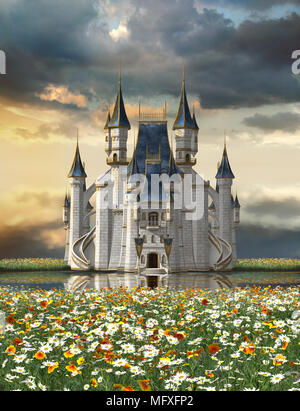 Magical Fairy Tale Castle Surrounded by Mountains above the River in a ...