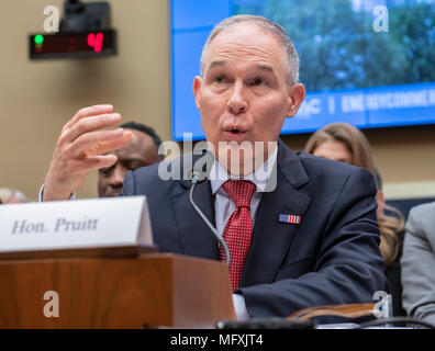 Scott Pruitt, Administrator, United States Environmental Protection Agency (EPA) testifies before the US House Committee on Energy and Commerce on the Fiscal Year 2019 Environmental Protection Agency Budget on Capitol Hill in Washington, DC on Thursday, April 26, 2018. Pruitt was questioned extensively about his spending and ethic lapses while running the EPA. Credit: Ron Sachs / CNP   - NO WIRE SERVICE - Photo: Ron Sachs/Consolidated/dpa Stock Photo