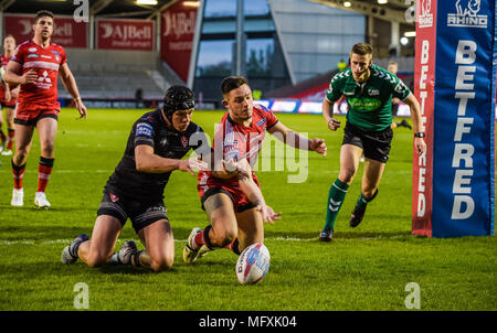 Manchester, UK. 26th April 2018 , AJ Bell Stadium, Manchester, England; Betfred Super League rugby, Round 13, Salford Red Devils v St Helens ;  Jonny Lomax of St Helens goes over no try Credit: News Images /Alamy Live News Stock Photo