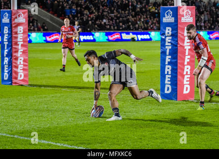 Manchester, UK. 26th April 2018 , AJ Bell Stadium, Manchester, England; Betfred Super League rugby, Round 13, Salford Red Devils v St Helens ;  Ben Barba of St Helens goes over for a try Credit: News Images /Alamy Live News Stock Photo