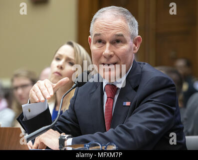 Washington, District of Columbia, USA. 26th Apr, 2018. SCOTT PRUITT, Administrator, United States Environmental Protection Agency (EPA) testifies before the US House Committee on Energy and Commerce on the Fiscal Year 2019 Environmental Protection Agency Budget on Capitol Hill. Pruitt was questioned extensively about his spending and ethic lapses while running the EPA. Credit: Ron Sachs/CNP/ZUMA Wire/Alamy Live News Stock Photo