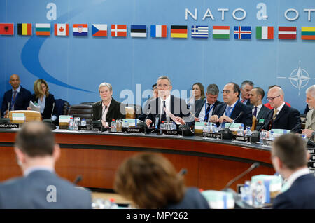 Brussels, Belgium. 27th Apr, 2018. NATO Secretary General Jens Stoltenberg (C) addresses the NATO Foreign Ministers meeting at its headquarters in Brussels, Belgium, April 27, 2018. Credit: Ye Pingfan/Xinhua/Alamy Live News Stock Photo