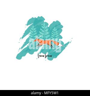 Vector Illustration. The Card with Cute Running Fox and Trees on Background. Stock Vector