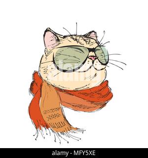 fashion portrait of kitten boy, cat with scarf and glasses, hand drawn isolated on white, vector illustration Stock Vector