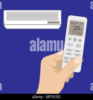 Remote control of air conditioner in hand and white air conditioning,on blue background, flat vector illustration Stock Vector