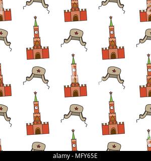Seamless pattern with Kremlin and  hat with ear flaps.On white background. Vector illustration Stock Vector