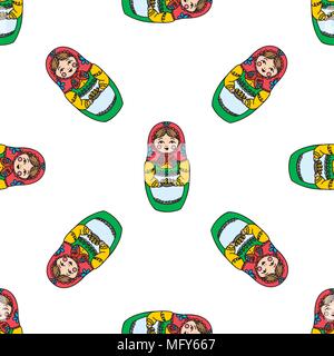 Seamless texture with funny Russian dolls - Matryoshka. On white background.Vector illustration Stock Vector