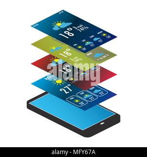 mobile phone and weather app, isometric vector illustration isolated on white background Stock Vector