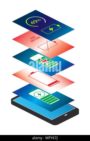 Smartphone, Phone charge and Low battery applications. Isometric view isolated on white background . Vector flat style Stock Vector