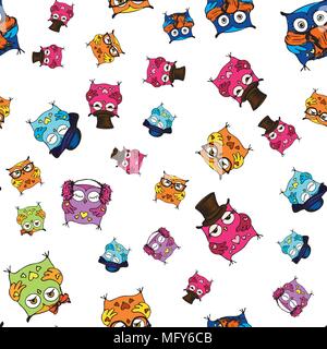 Vector seamless pattern with cute owls. hand drawing cartoon characters. Stock Vector